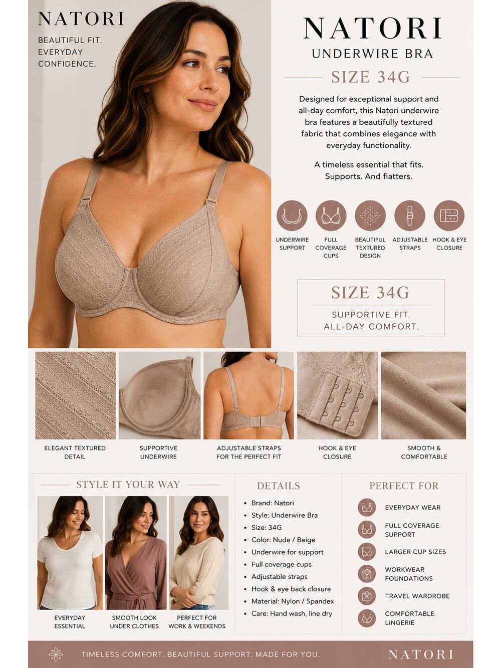 Natori Underwire Bra 34G Nude Beige Full Coverage Supportive Everyday Lingerie